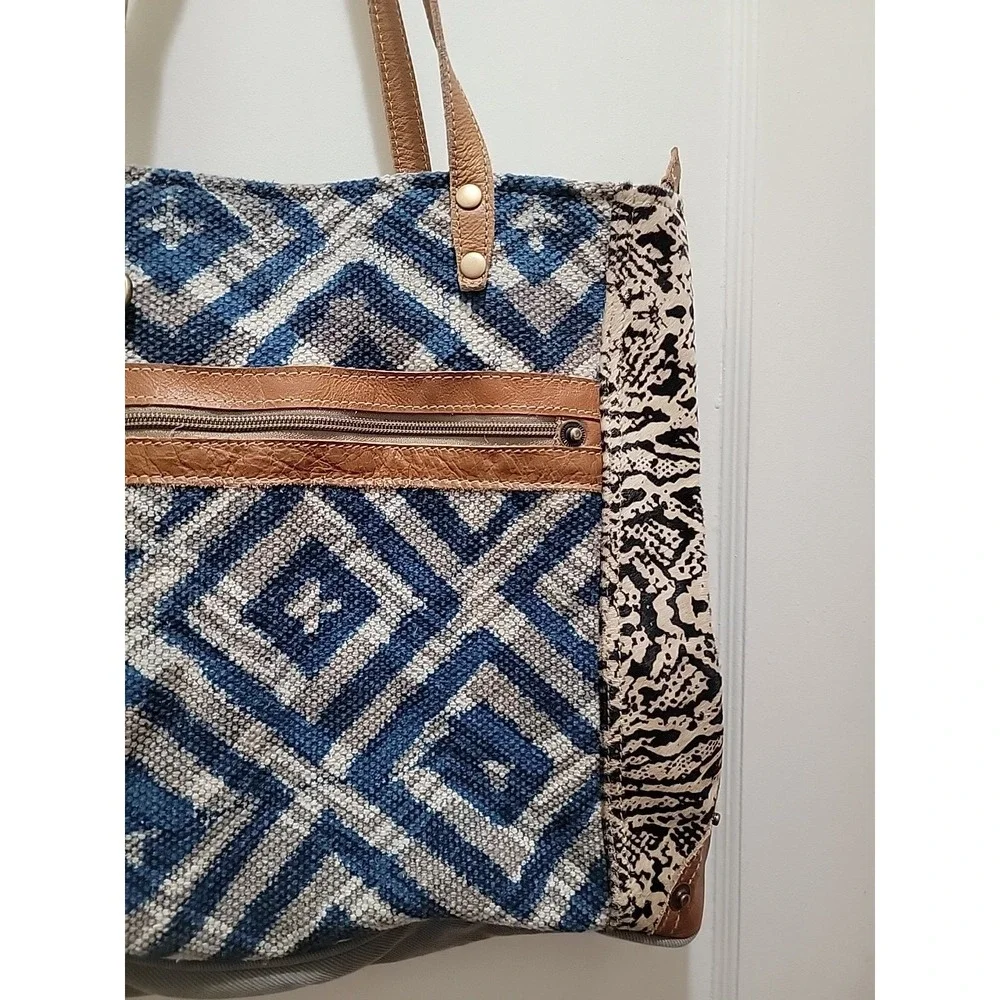 Myra Bag Upcycled Tote Large Purse Repurposed Boho Chic Canvas & Leather
